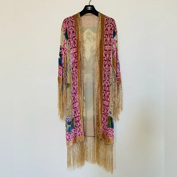 🍃 🌸 Velvet Burn-out Beaded Floral Fringe Kimono Jacket Robe Long Maxi Nude - Picture 6 of 10